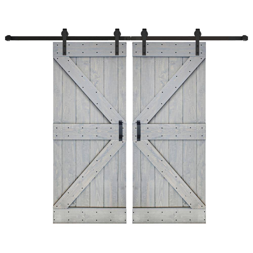 French Gray Solid Wood Double Sliding Barn Door Kit with Matte Black Hardware