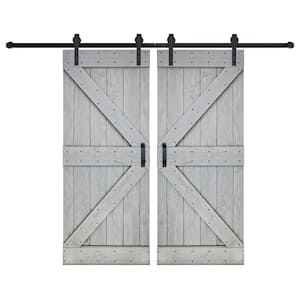 K Series 72 in. x 84 in. Willow Gray Finished DIY Solid Wood Double Sliding Barn Door with Hardware Kit
