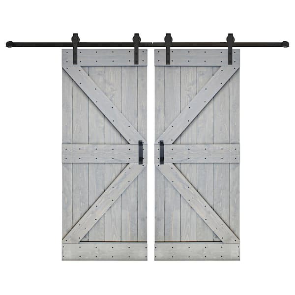 ISLIFE K Series 72 in. x 84 in. Willow Gray Finished DIY Solid Wood Double Sliding Barn Door with Hardware Kit