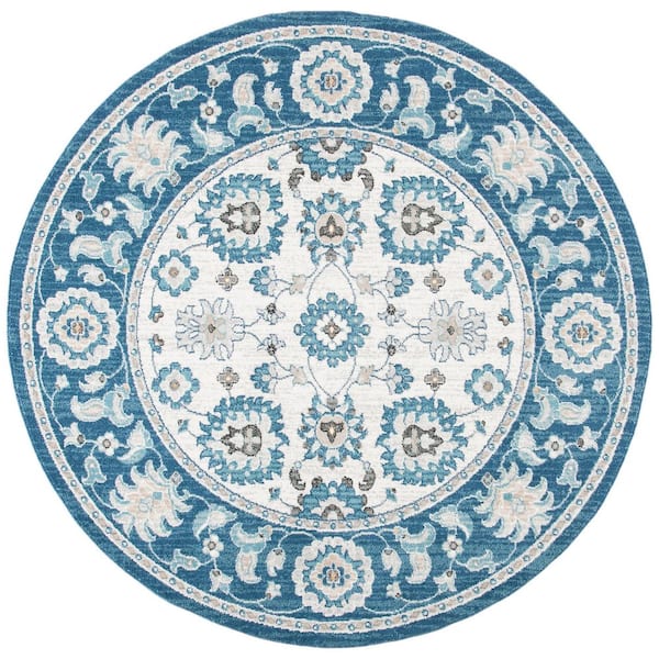Liberty 7 ft. x 7 ft. Dark Blue/Ivory Border Floral Round Area Rug