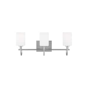 Oak Moore 23.875 in. 3-Light Brushed Nickel Vanity Light with Etched/White Glass Shades