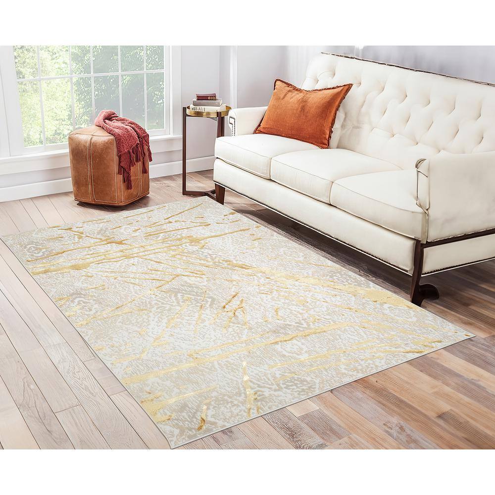 Gold and Beige Abstract Tufted Rectangular Rug