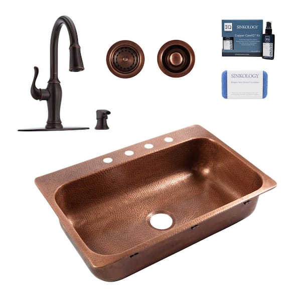 SINKOLOGY Angelico 33 in. 4-Hole Drop-In Single Bowl 17 Gauge Antique Copper Kitchen Sink with Maren Bronze Faucet Kit