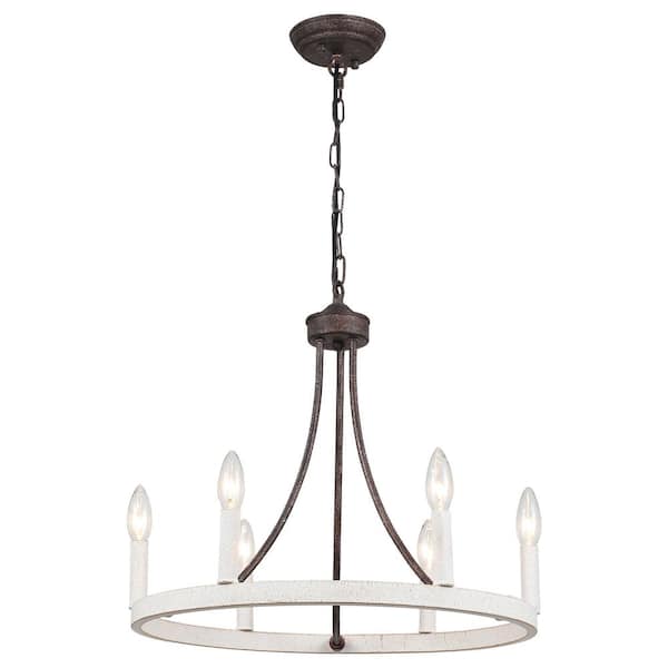 6-Light Antique Black and Vintage White Farmhouse Wagon Wheel Chandelier Rustic Dining Room Pendant Light