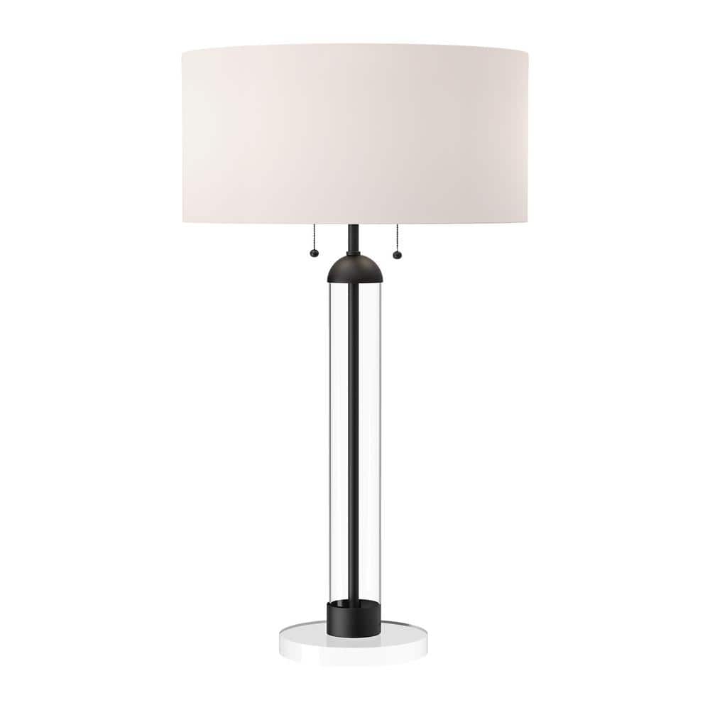 Sasha Matte Black and Clear Glass Table Lamp with White Linen Shade