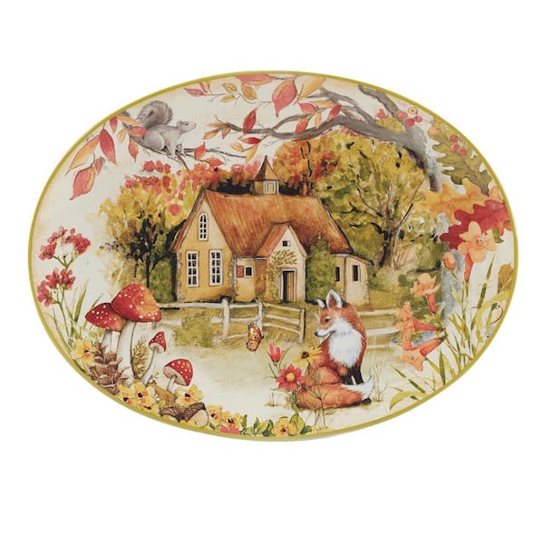 Certified International 16 in. Multi-Colored Earthenware Woodland Critters Oval Platter