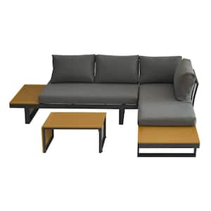 Yellow Gray Aluminum Outdoor Patio Furniture Sofa Sectional Set with Soft Gray Cushions and Plastic Wood Side Table