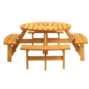70 in. Yellow Circular Outdoor Wooden Picnic Table Seats 8-People with 4 Built-in Benches and Umbrella Hole