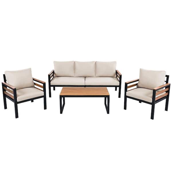 4-Piece Black Metal Outdoor Sectional Sofa Set with Beige Cushions and Table