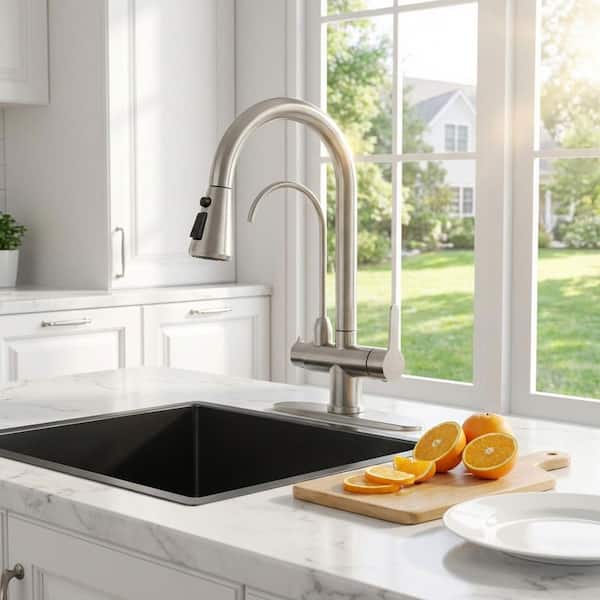 16.7 in. H Pull Down Sprayer Kitchen Faucet with Drinking Water Faucet and 360° Swivel Spout in Brushed Nickel