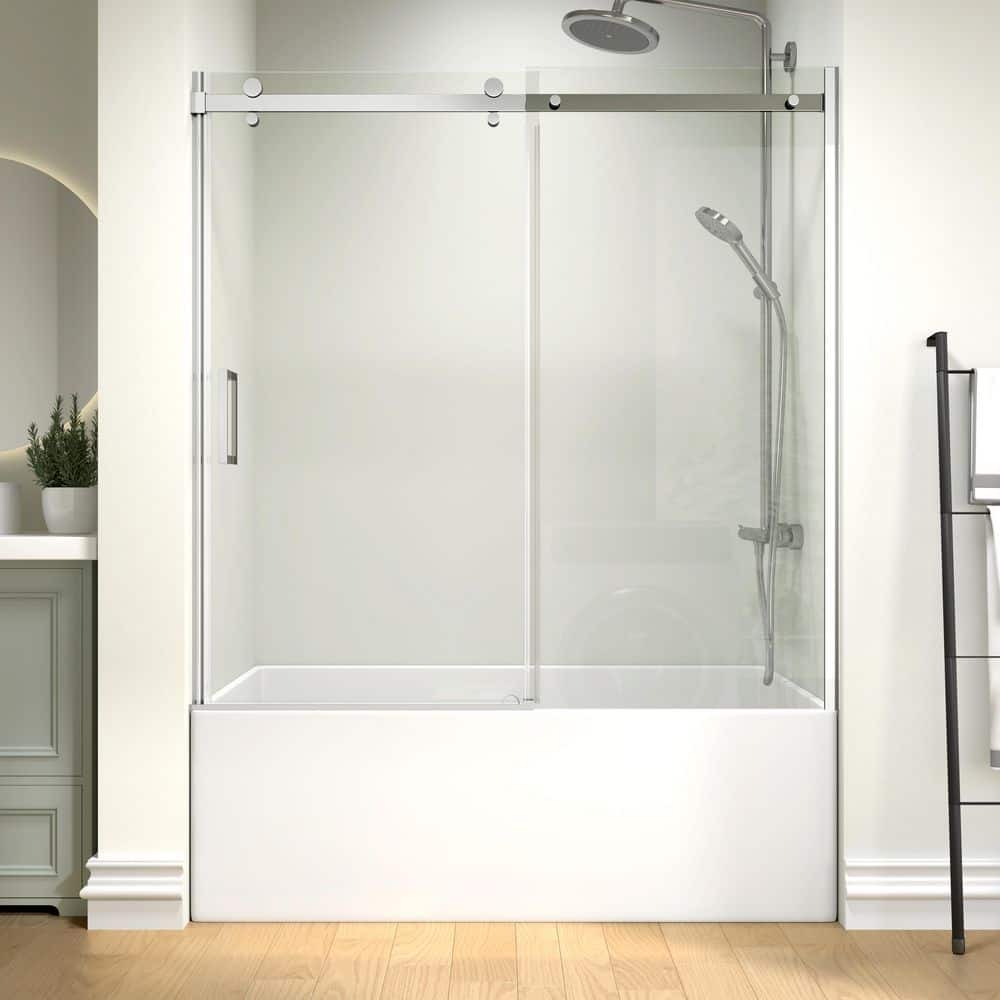 Modern 60 in. W x 58 in. H Single Sliding Frameless Tub Door in Chrome Finish with 5/16 in. (8mm) Clear Glass price history on PriceWatchPro
