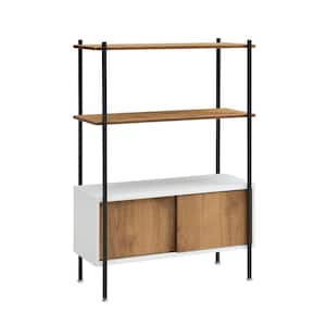 Milan 45 in. Tall White And Distressed Oak Composite 3-Shelf Accent Bookcase With Sliding Doors