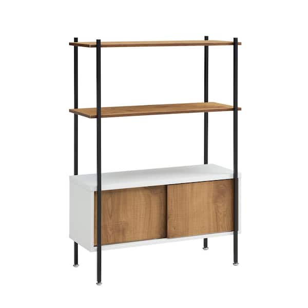 Furniture of America Milan 45 in. Tall White And Distressed Oak Composite 3-Shelf Accent Bookcase With Sliding Doors