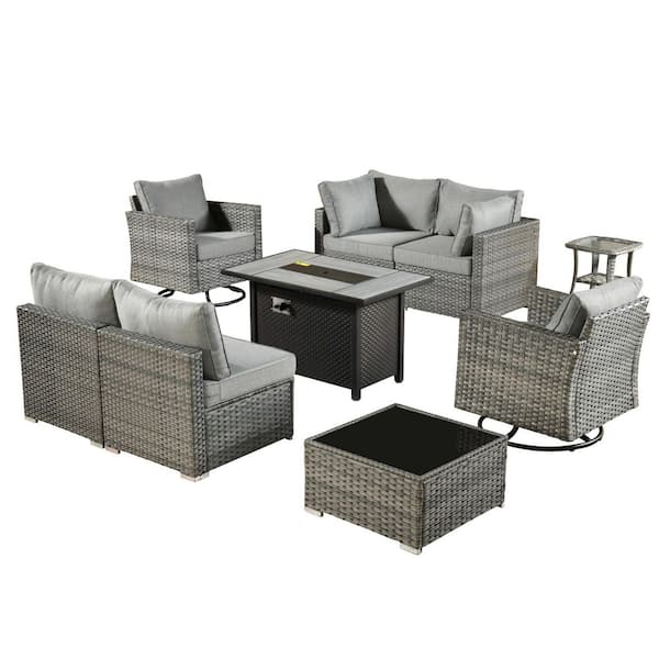 Echo 9-Piece Wicker Patio Rectangular Fire Pit Set with Dark Gray Cushions and Swivel Rocking Chairs