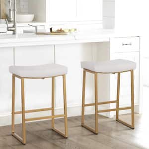 25.2 in. White PU Leather Bar Stools with Backless Saddle Design and Golden Metal Frame for Kitchen Counter