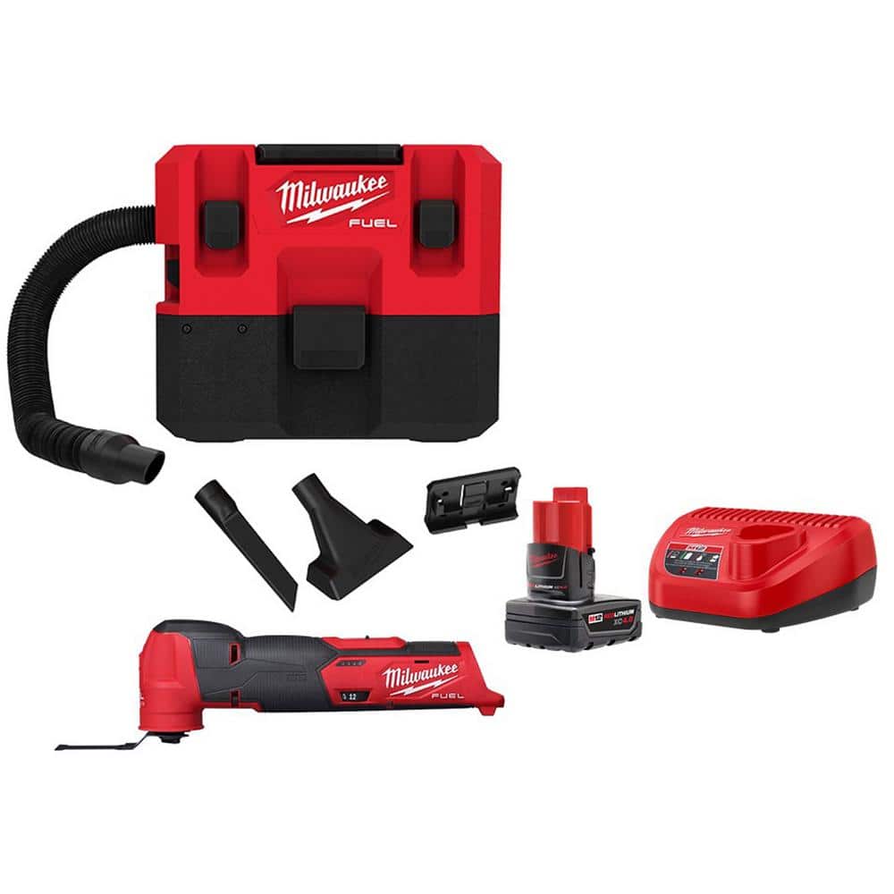 Milwaukee M12 FUEL 12-Volt Lithium-Ion Cordless 1.6 Gal. Wet/Dry Vacuum and Oscillating Multi-Tool with 4.0 Ah Battery and Charger, Reds/Pinks