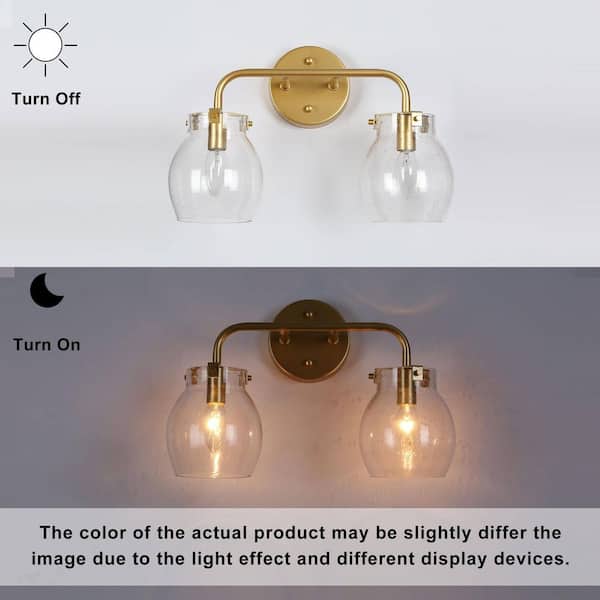 Mid-Century Modern 14 in. 2-Light Light Gold Vanity Light for Bathroom Mirror, Powder Room Wall Sconce with Seeded Glass