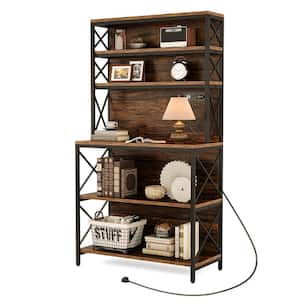 Eulas 70 in. Tall Rustic Brown Wood 6-Shelf Industrial Etagere Bookcase Bookshelf with Open Storage and AC Outlet