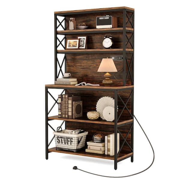 BYBLIGHT Eulas 70 in. Tall Rustic Brown Wood 6-Shelf Industrial Etagere Bookcase Bookshelf with Open Storage and AC Outlet