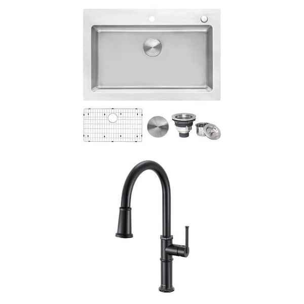 Idris Matte Black Kitchen Faucet and Modena 33 in. Stainless Steel Sink Combo