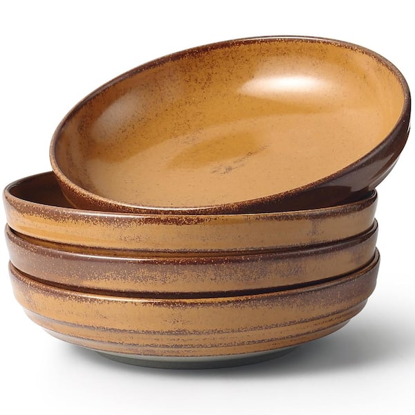 Reactive Glaze 42 fl. oz. Ocher Stoneware Pasta Salad and Soup Bowls Set of 4 Large 9 in. Diameter