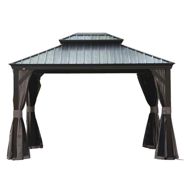 12 ft. x 14 ft. Brown Outdoor Hardtop Gazebo with Dual-Layer Galvanized Steel Roof, Aluminum Frame, Curtains & Netting