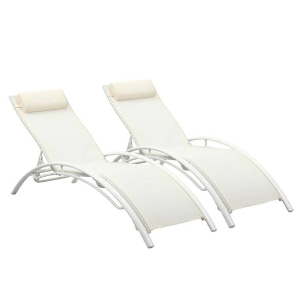 Unbranded 2-Piece Aluminum Outdoor Patio Adjustable Reclining Chaise Lounge with White Fabric Cushions