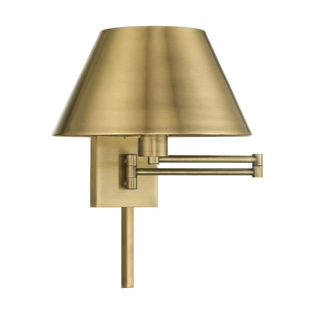 Antique Brass Swing Arm Wall Lamp with Satin Shade