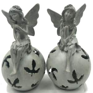 1-Light 10 in. Integrated LED Solar Powered Sitting Fairies with Balls of Leaves (2-Pack)