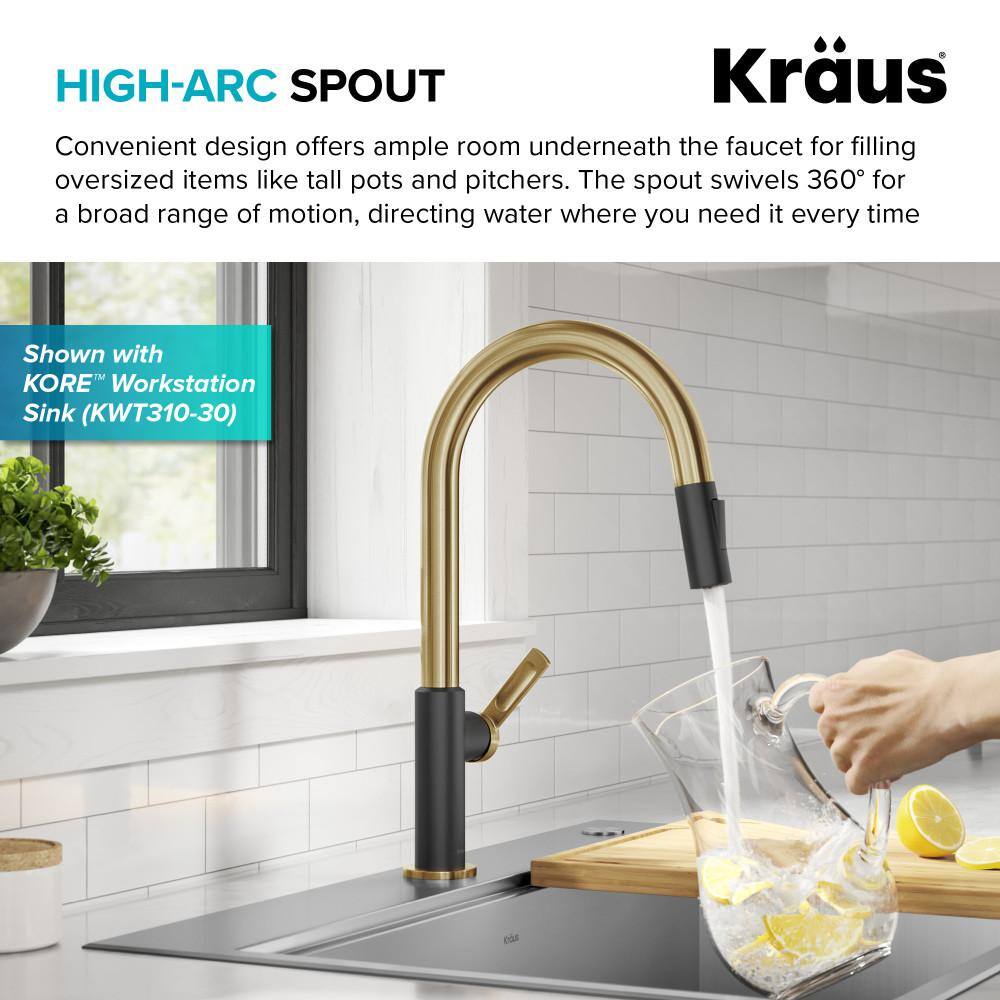 Brushed Brass and Matte Black Pull-Down Kitchen Faucet with Spray