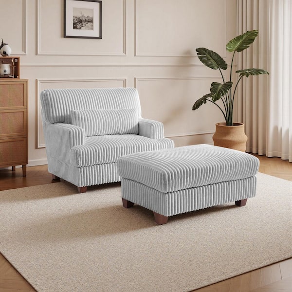 Modern Gray Faux Rabbit Fur Polyester Fabric Upholstered Accent Arm Chair with Ottoman (Set of 1)