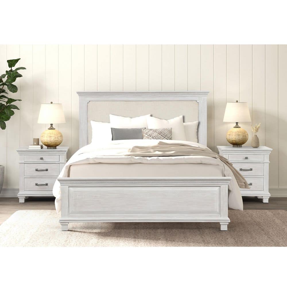 Yomi 3-Piece Weathered Gray Wood Frame Queen Panel Bedroom Set with Upholstered Headboard, Black Square Knob price history on PriceWatchPro
