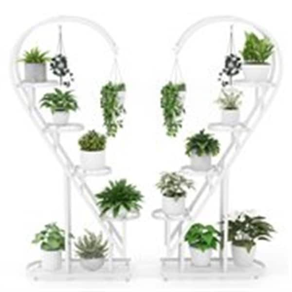 Costway 58in. H x 27 in. W x 12 in.D Indoor/Outdoor White Metal Plant Stand with Hanging Hook 5-Tier