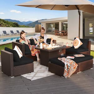 Luxury 7-Piece Espresso Wicker Patio Fire Pit Coversation Sectional Sofa Set with Ottomans and Black Cushions