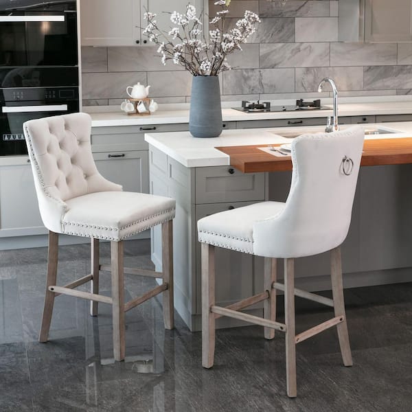 26 in. Beige Contemporary Velvet Barstools with Button Tufted Back, Wooden Legs and Chrome Nailhead Trim (Set of 2)