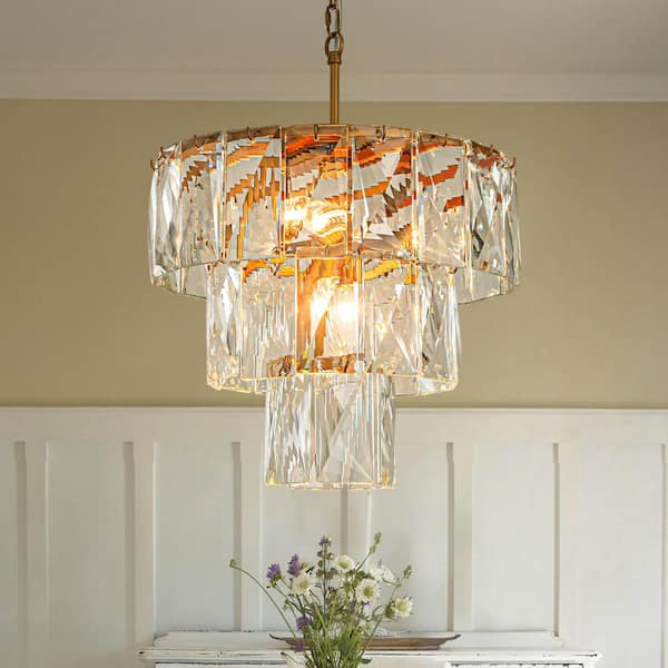 4-Lights 18 in. Modern Antique Gold 3-Tier Crystal Chandelier Luxury Glam Dimmable Hanging Pendant Light for Dining Room