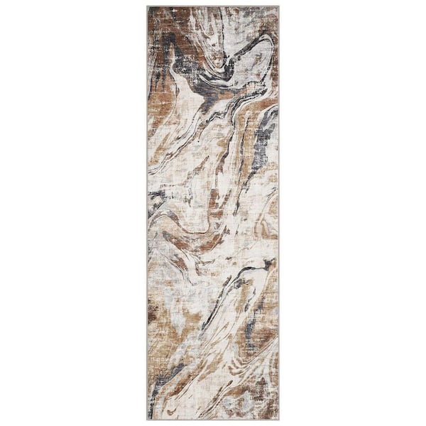 Brown 2 ft. x 6 ft. Modern Abstract Foldable Machine Washable Polyester Area Rug
