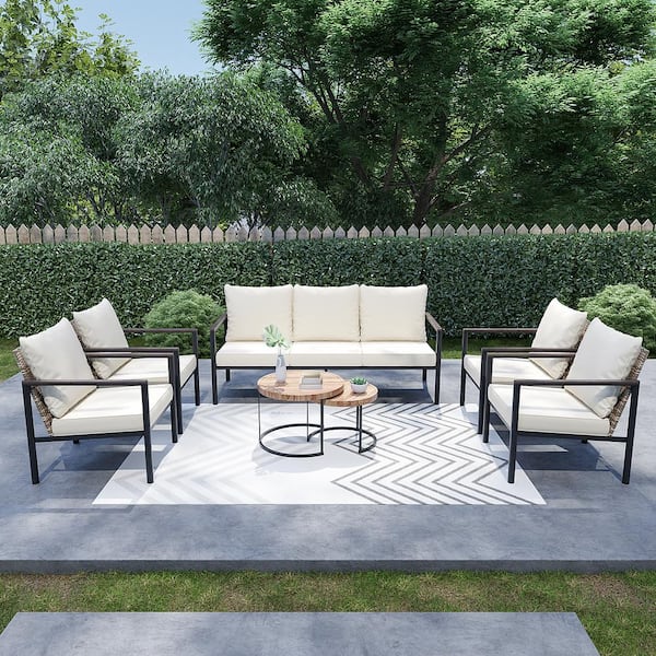 INMITOM 6-Piece Outdoor Patio Conversation Set with Beige Cushions, Seats 7, Includes Coffee Table