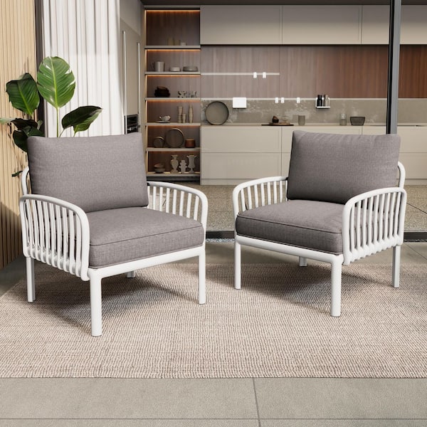 Unbranded (Set of 2) Plastic Outdoor Patio Lounge Chair with Gray Cushions for Porch, Balcony, Garden