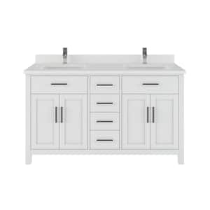 Kali 60 in. W x 22 in. D Bath Vanity in White ENGRD Stone Vanity Top in White with White Basin Power Bar and Organizer