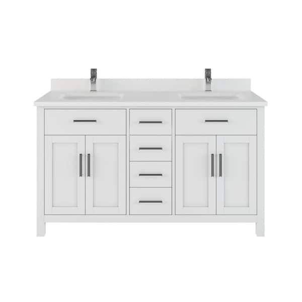 ART BATHE Kali 60 in. W x 22 in. D Bath Vanity in White ENGRD Stone Vanity Top in White with White Basin Power Bar and Organizer