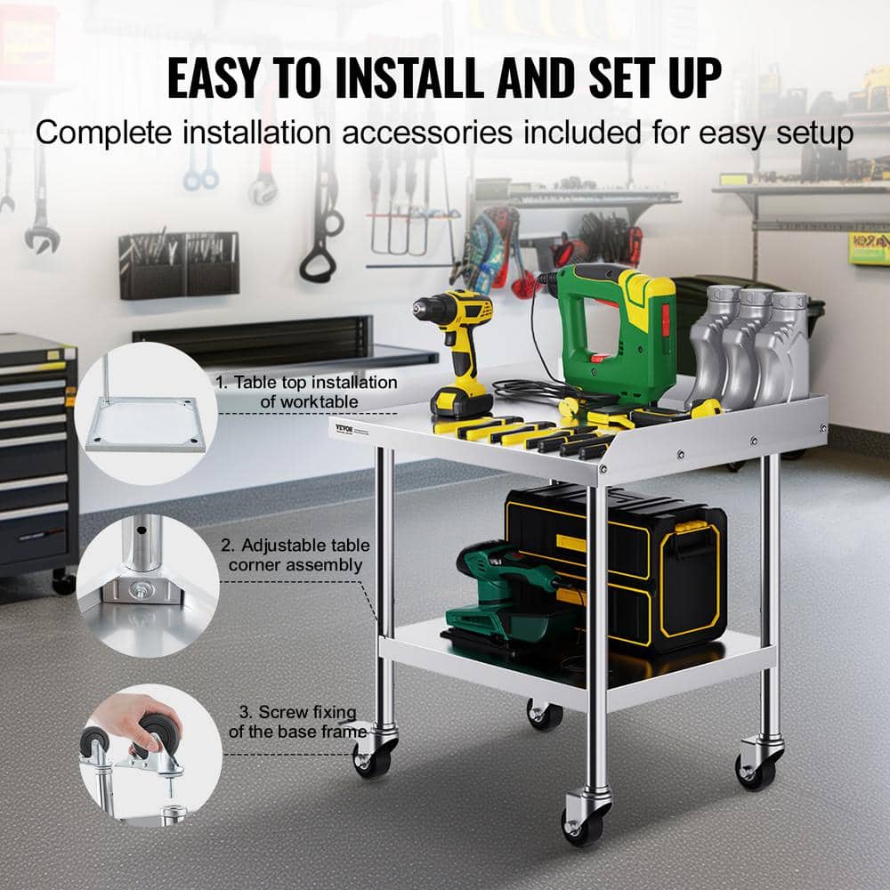VEVOR Stainless Steel 28'' Adjustable Portable Work Table with Wheels