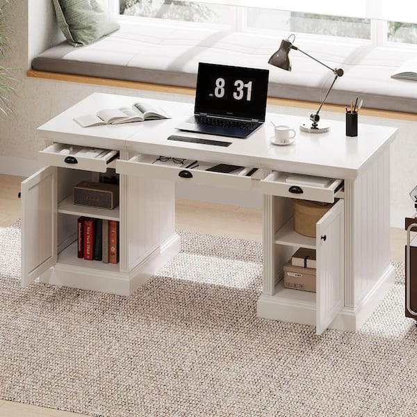 67.70 in. Rectangular White Solid Wood Desk with 2 Wooden Doors Storage Cabinet and 3 Drawers