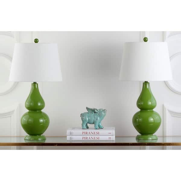 Cybil 26.5 in. Fern Green Double Gourd Glass Table Lamp with Off-White Shade (Set of 2)