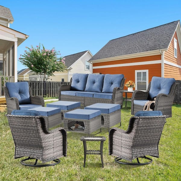 kuurfuurdo Gray 11-Piece Rattan Steel Patio Conversation Seating Sofa Set Swivel Rocking Chairs Ottomans with Denim Blue Cushions