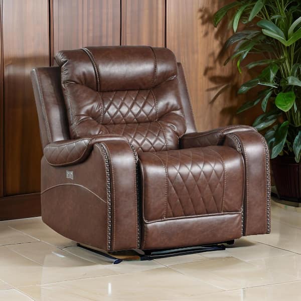 Benjara Brown Faux Leather Power Swivel Glider Recliner with USB Port