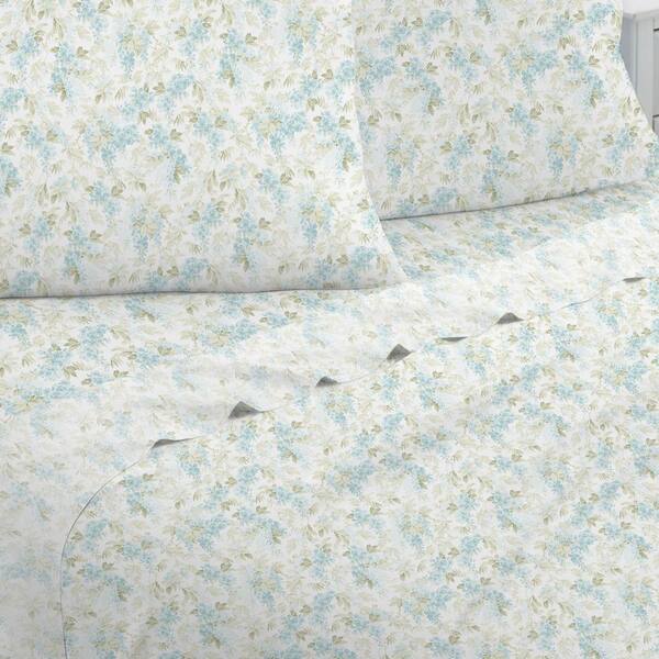 Laura Ashley QUEEN Sheet Set 4 PC Rena Blue Green Watercolor Floral Cotton NEW popular