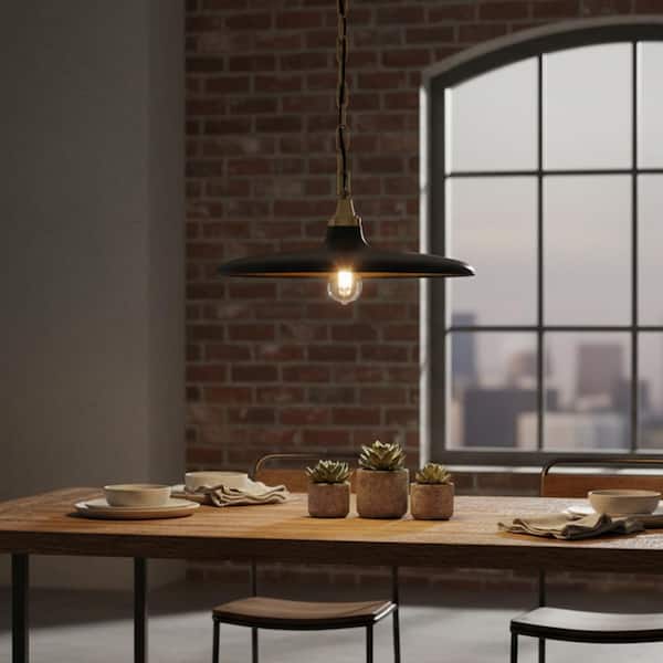 60-Watt 1 Light Black Shaded Pendant Light with Gold Hardware