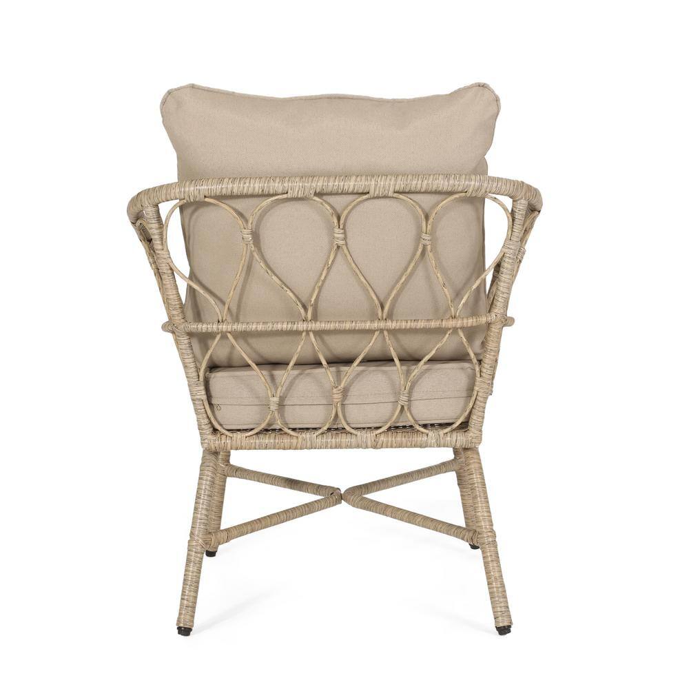 Beige Wicker and Iron Armchair Set with Cushions