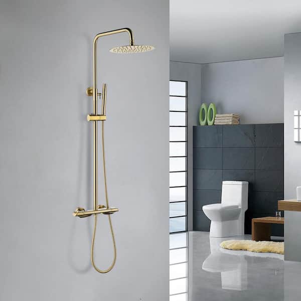 IHOMEadore 1-Spray Patterns with 1.5 GPM 10 in. Wall Mount Dual Shower Heads with Handheld Shower Head Set in Brushed Gold